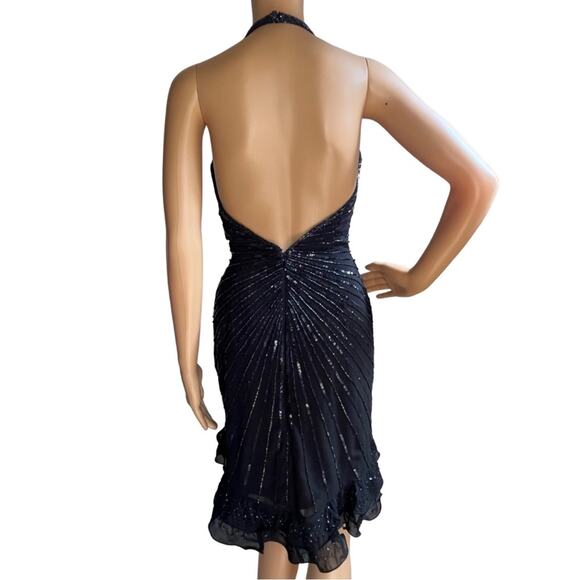 Vintage 90s Y2K Black Silk Beaded Halter Mini Cocktail Dress - Picture 2 of 10